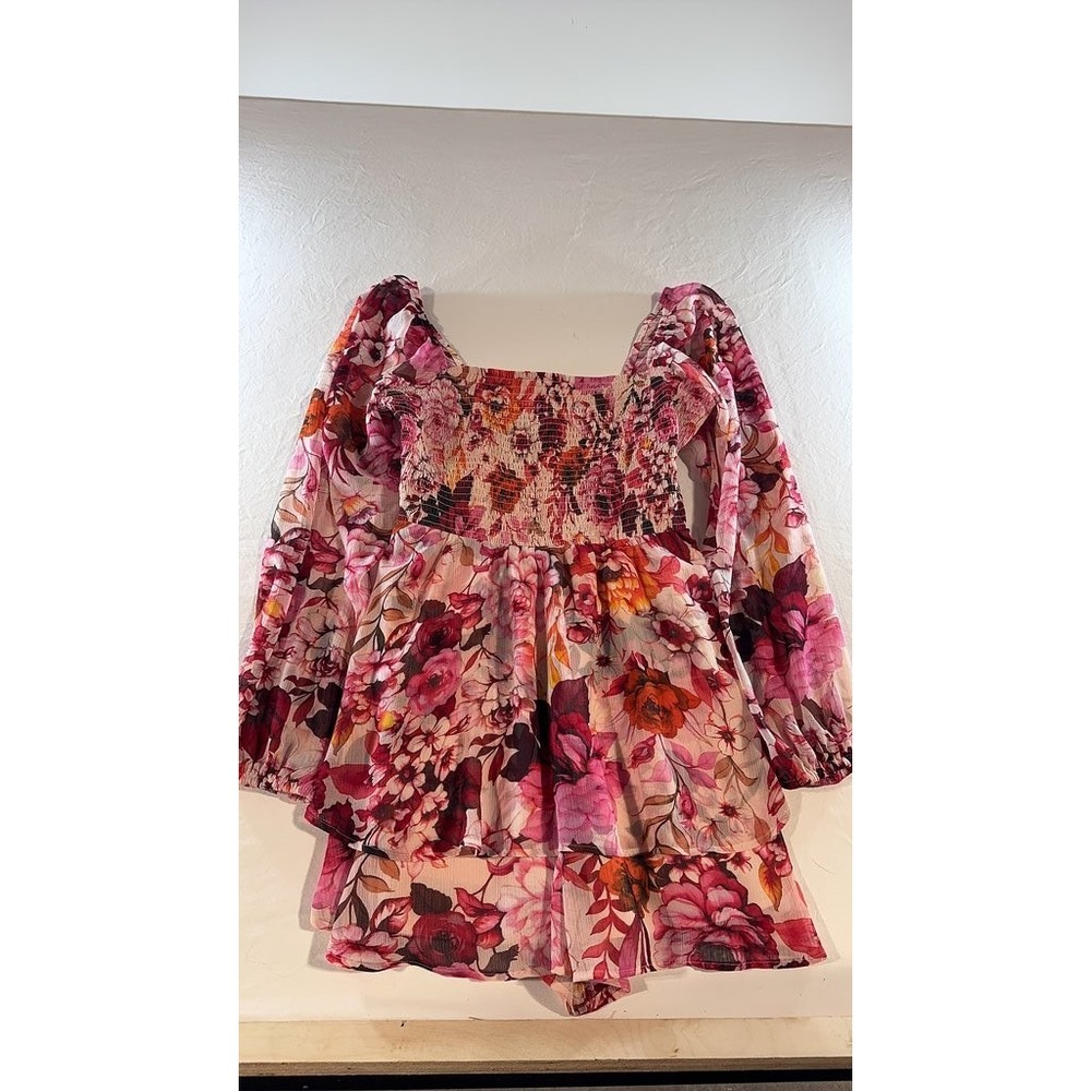 Express Floral Smocked Long Sleeve Dress Pink Large Tiered Square Neck